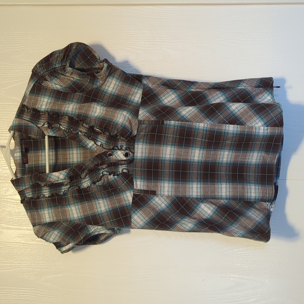 Heart Soul Shirt Blouse XL Plaid Brown Blue